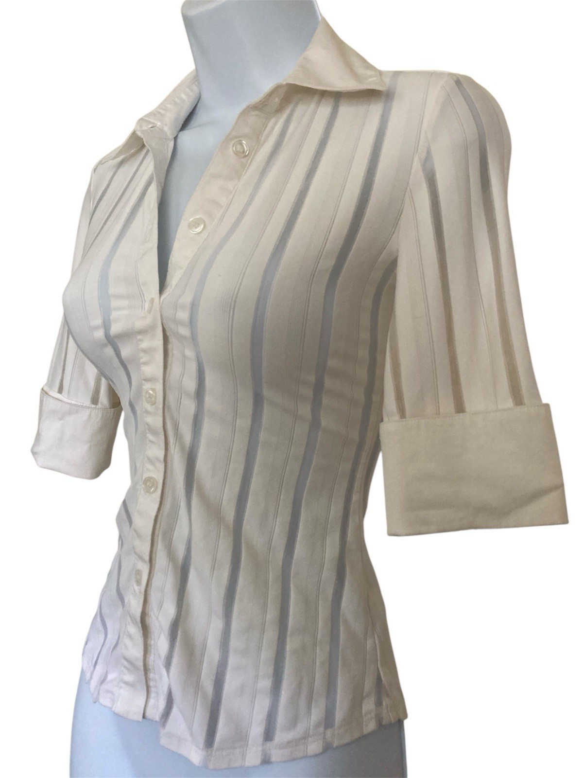 Vintage 90s Y2k White Mesh Office Fitted Button Down 3/4 Sleeve Collared Shirt