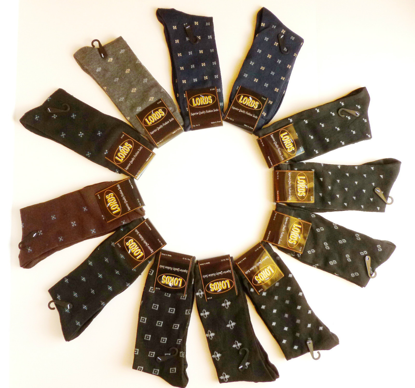 12 PAIRS NEW COTTON MEN LORDS GEOMETRIC DRESS SOCKS SIZE 10-13 MULTI COLOR