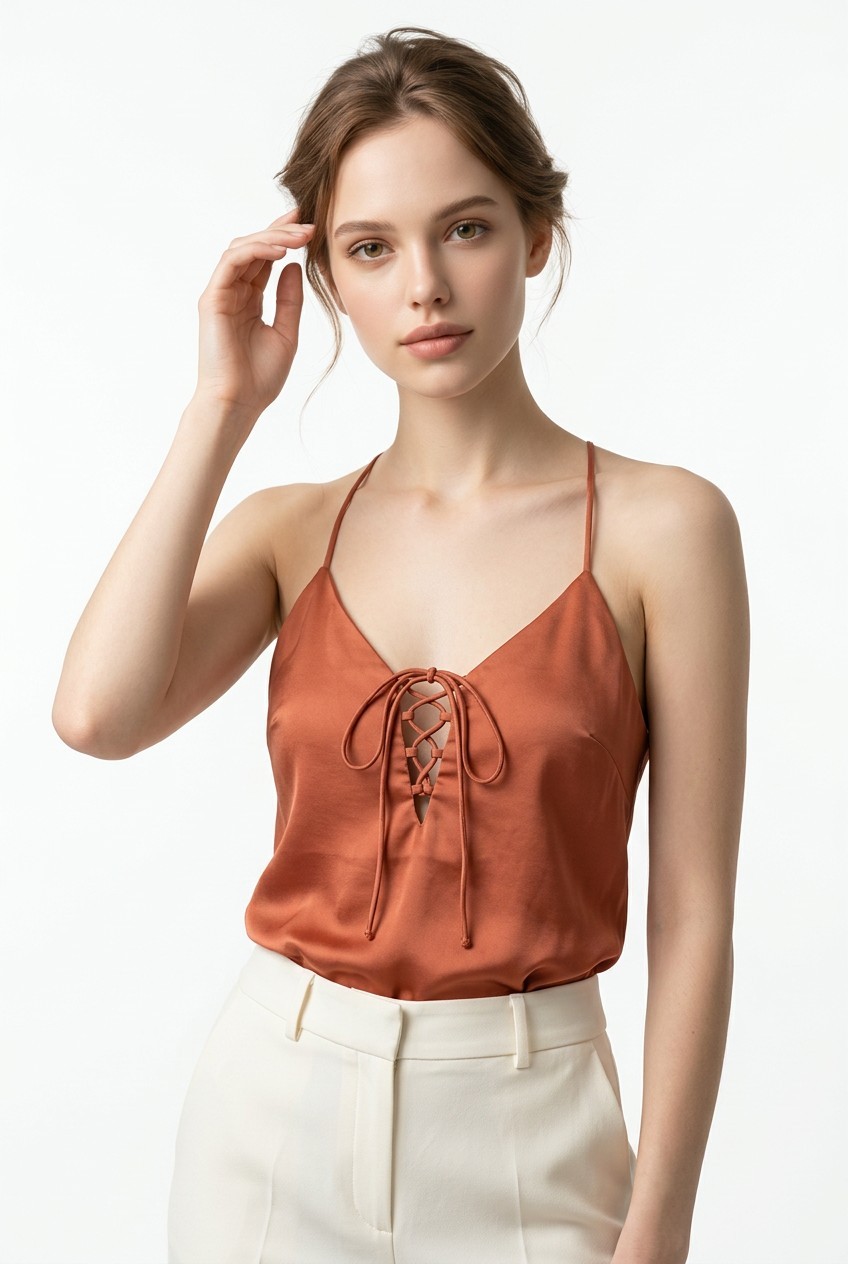 Current Air Satin Cami Top Small NWT Blush Pink Lace Up Neck Sleeveless Blouse