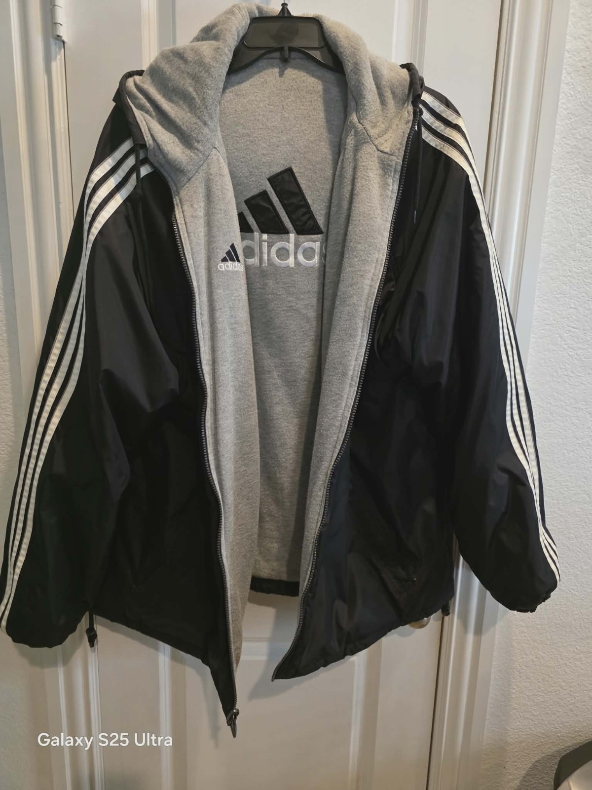 Vtg Adidas Jacket XXL Y2K Reversible Hooded Full Zip 3 Stripe Bomber Winter
