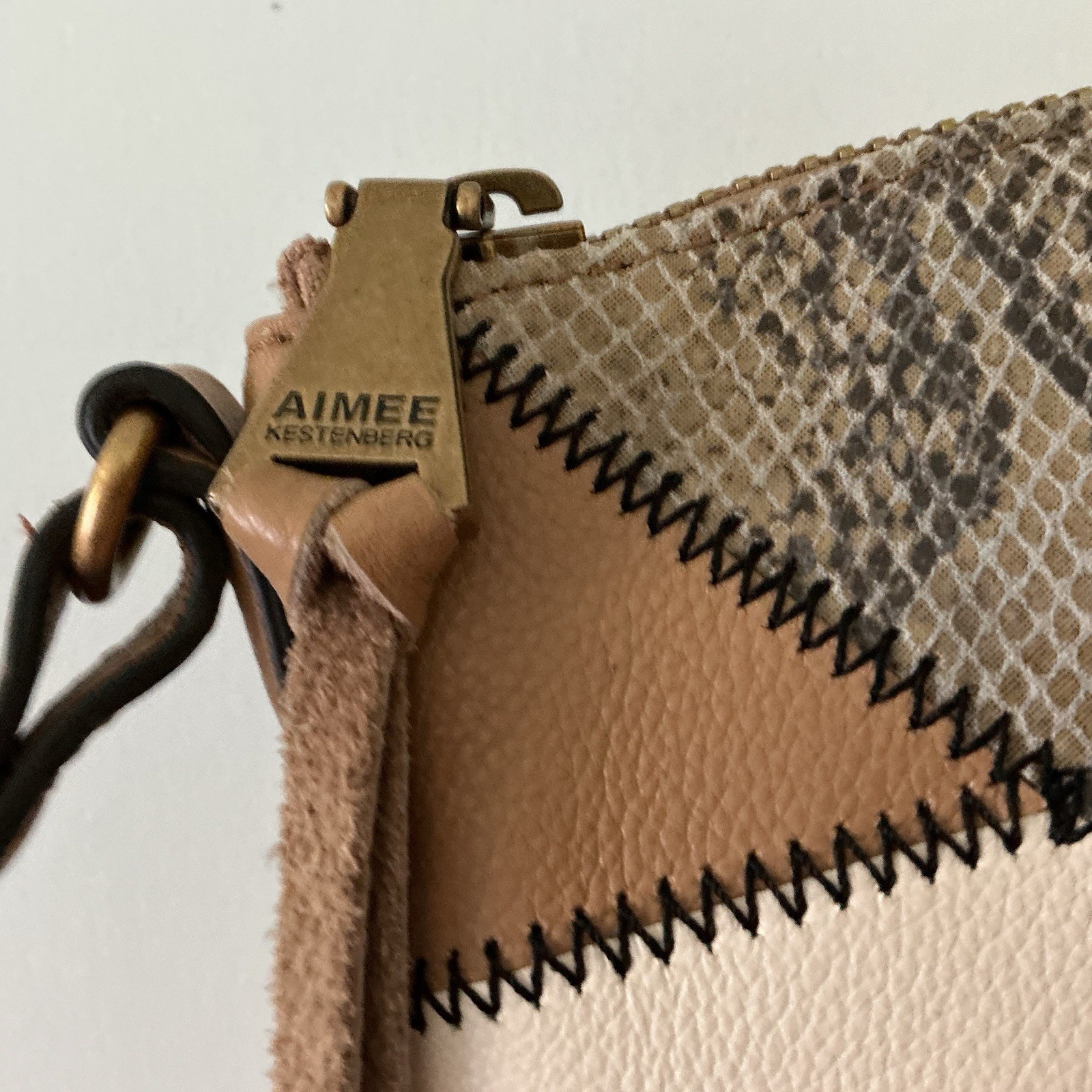 NWT Aimee Kestenberg Cream Tan Snake-Print Stitching Convertible Satchel MNF$248