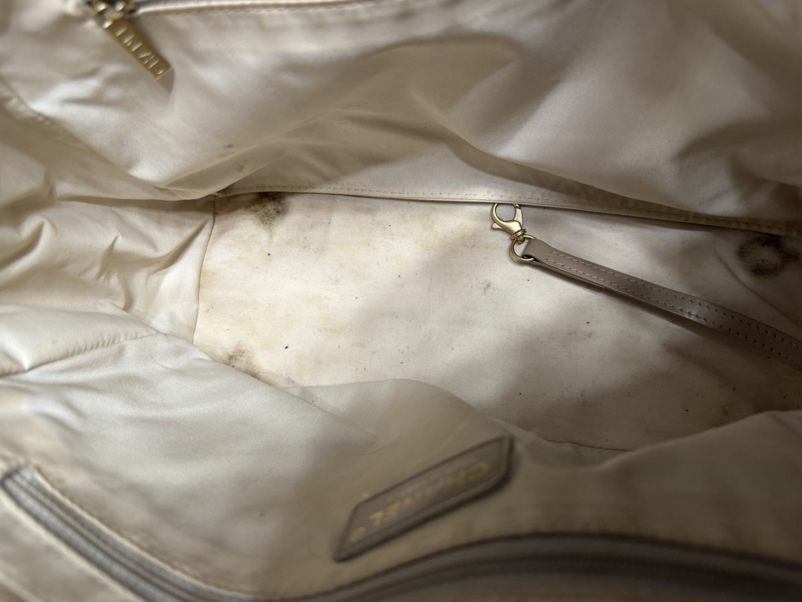 CHANEL Logo Pattern Travel Line Tote Bag Beige