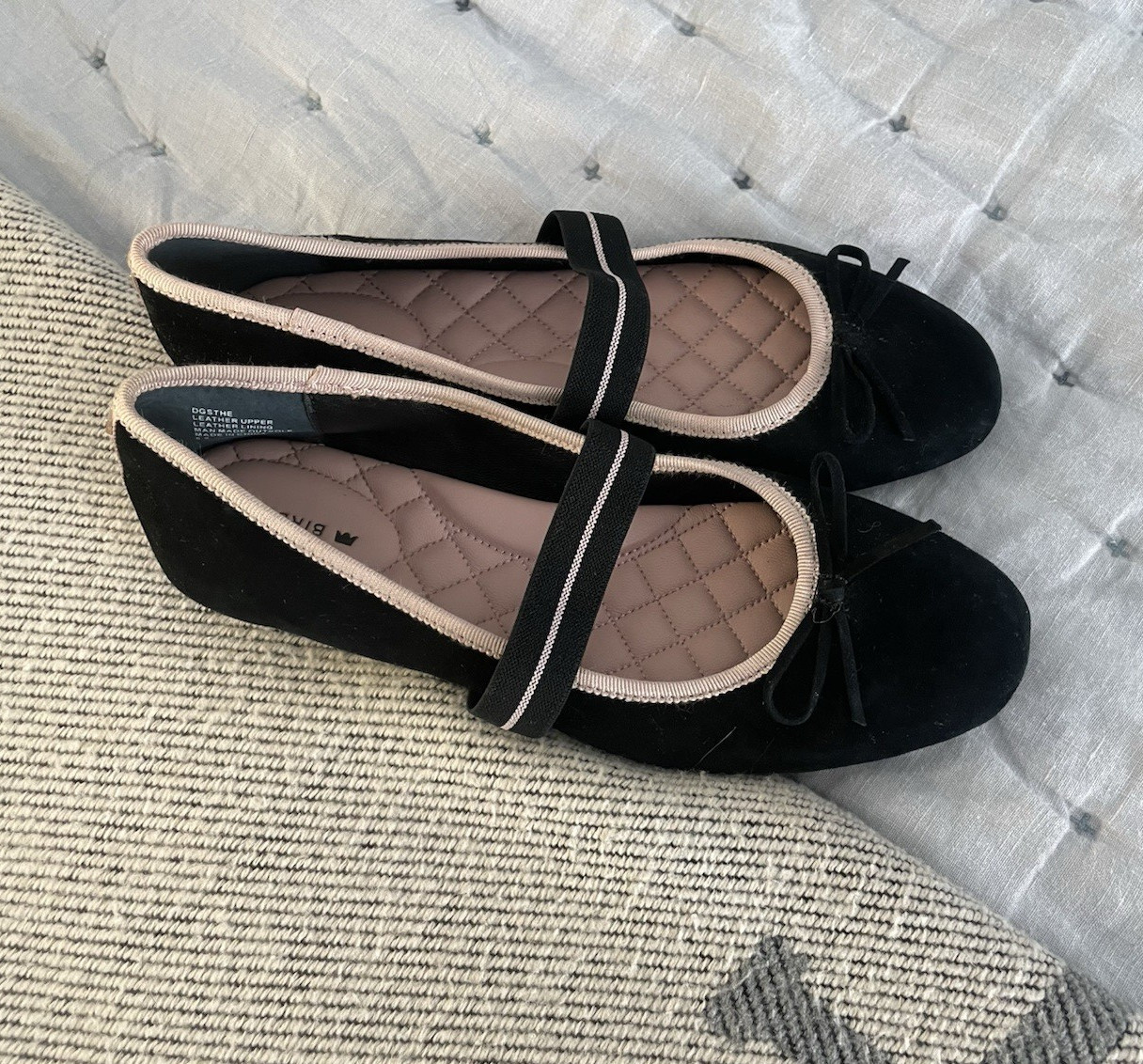 Birdies Women’s Black Suede Mary Jane Ballet Flats Bow Strap Almond Toe 6.5
