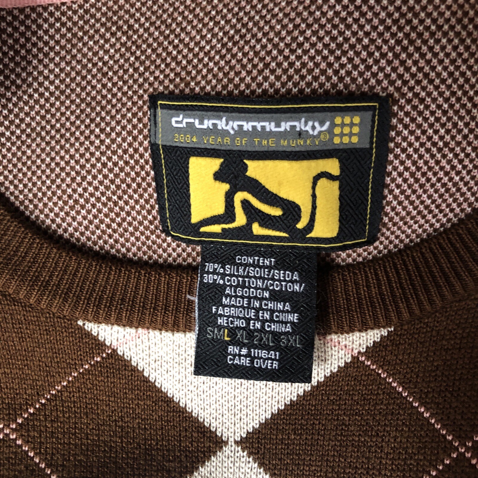 Drunknmunky Silk Argyle Sweater Brown Sz L Logo Fall (small Flaw See Pics)