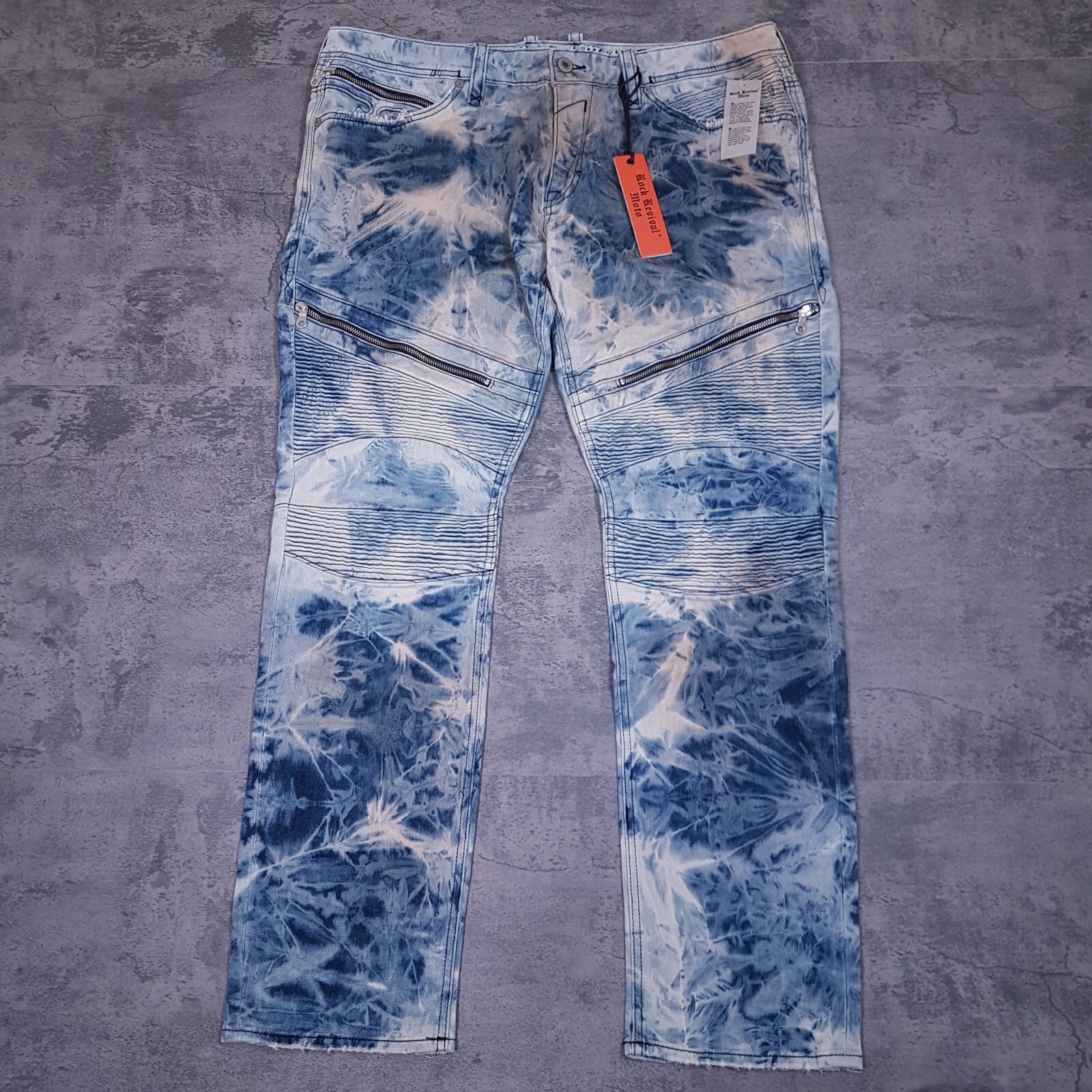 ROCK REVIVAL Daviday Moto Acid Wash Straight Distressed Jeans Mens Size 40×32