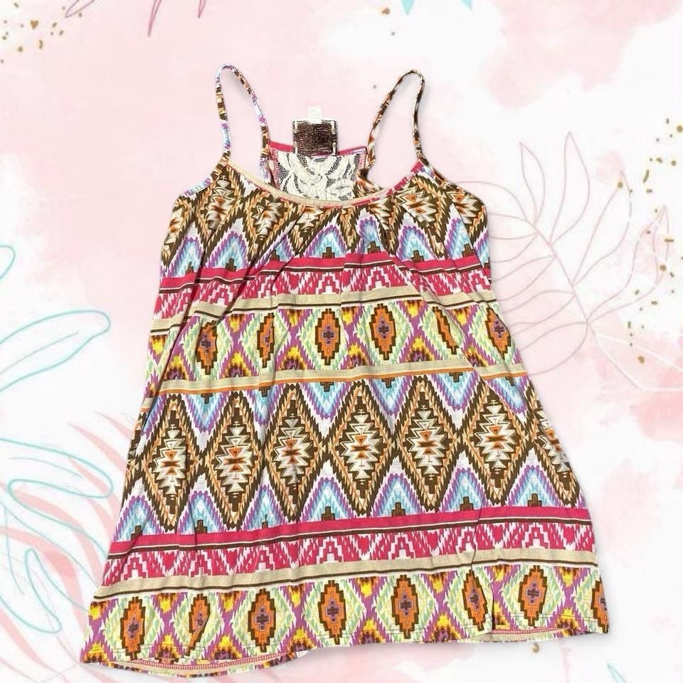 Pink Rose Multicolor Aztec Geometric Print Lace Spaghetti Strap Tank Top L