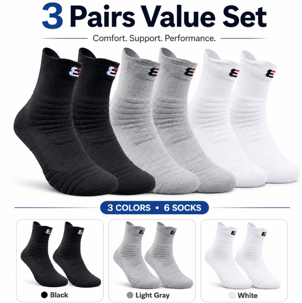 3-Pack Men’s Cotton Compression Sports Socks – Athletic Mid-Crew Training Socks