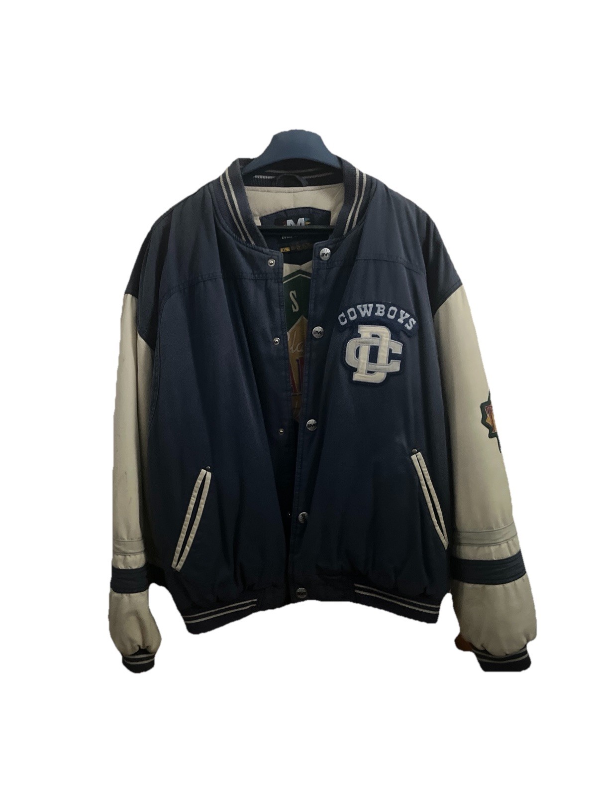 Mirage Dallas Cowboys Varsity Jacket XL Blue/Beige Snap Front Lined Patches