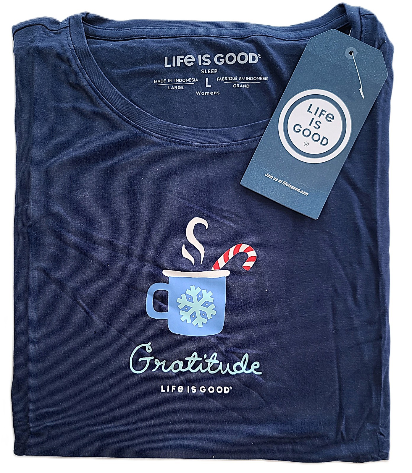 Life Is Good SS Shirt Relaxed Sleep Tee COZY WINTER GRATITUDE MUG 44in Womens L