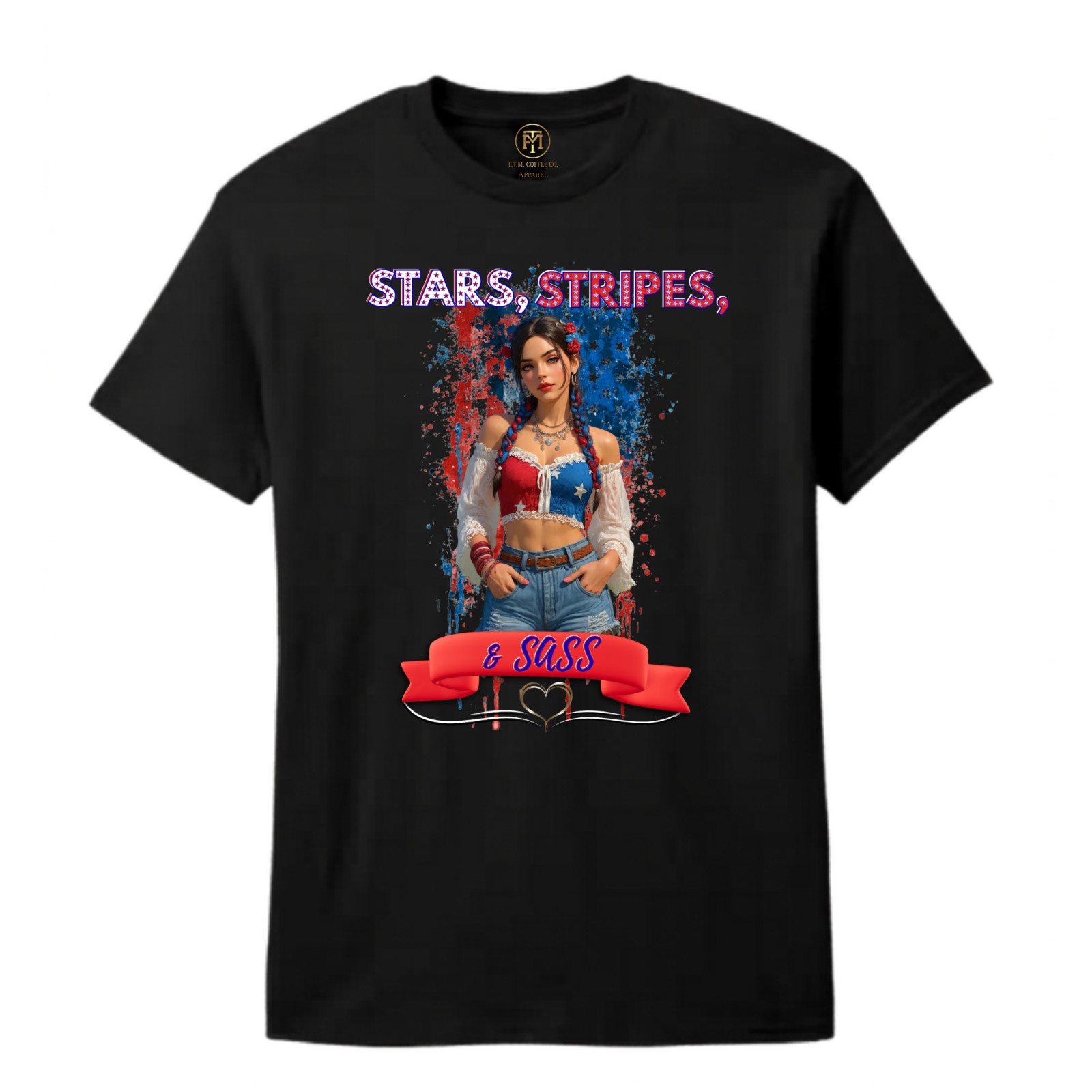 Stars Stripes & Sass Pin Up Ribbon USA Banner 4th July Unisex Shirt S-3XL