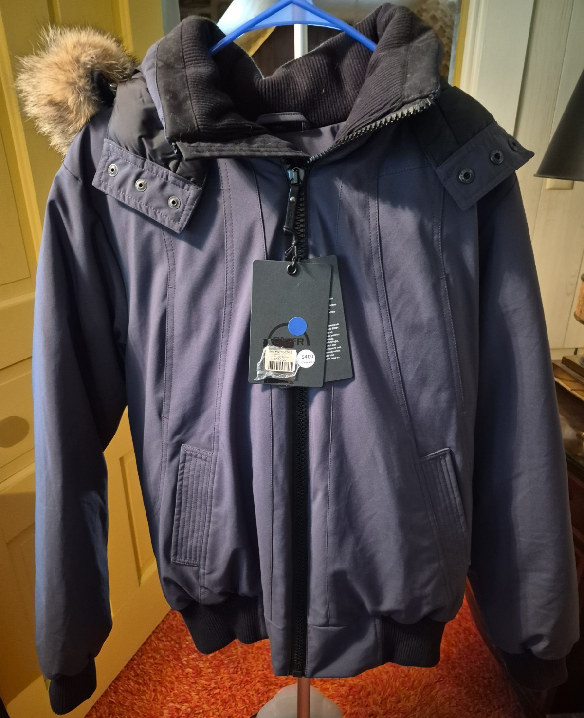 CMFR Men’s Blue Full Zip Hooded Bomber Jacket M Stand-Up Fur Trim Down Short