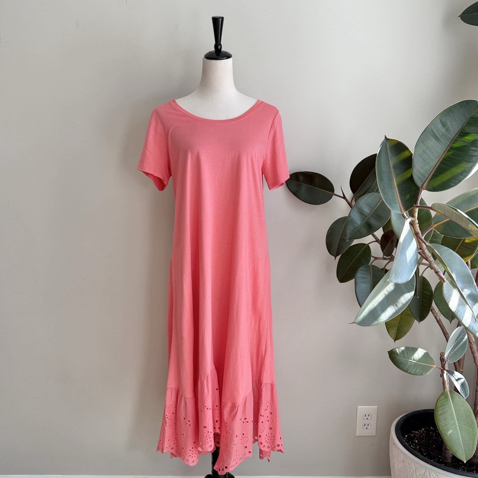 LOGO by Lori Goldstein Cotton Modal Dress Lace Eyelet Hem Size Medium Coral
