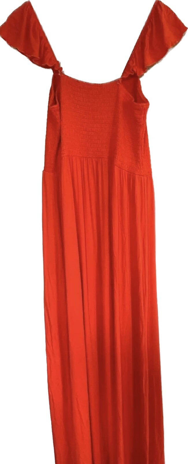 Very Red Jersey Maxi Dress Smocking & Front Split UK 16 Flutter Sleeve Stretch