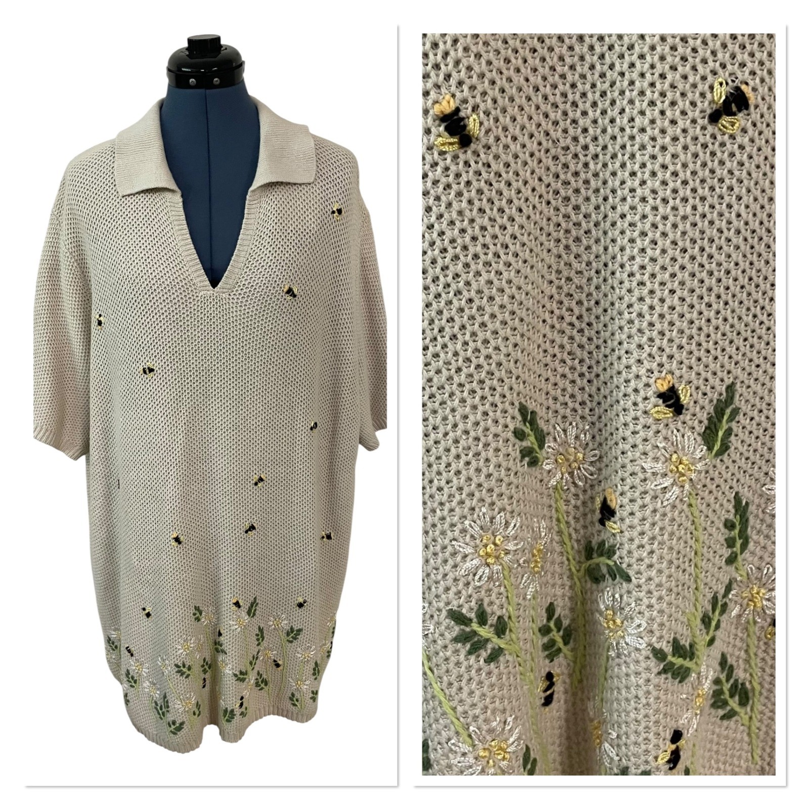 White Stag Plus 26W 28W Bee Floral Embroidered Knit Sweater Grandma Cottage NEW
