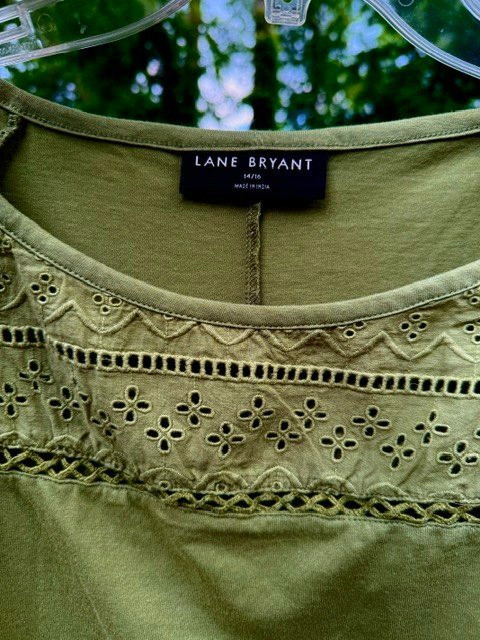 Lane Bryant Pretty Green Embroidered Eyelet T-Shirt Size 14/16 Raglan Sleeves