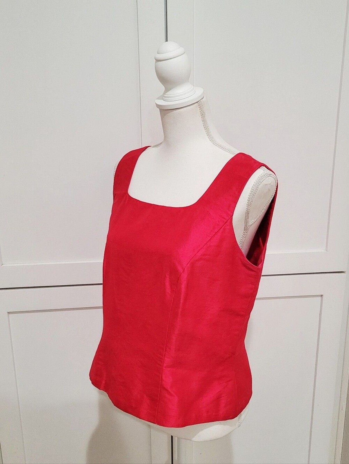 100% Thai Silk Red Square Neck Tank Sleeveless Blouse | Size Large/XL
