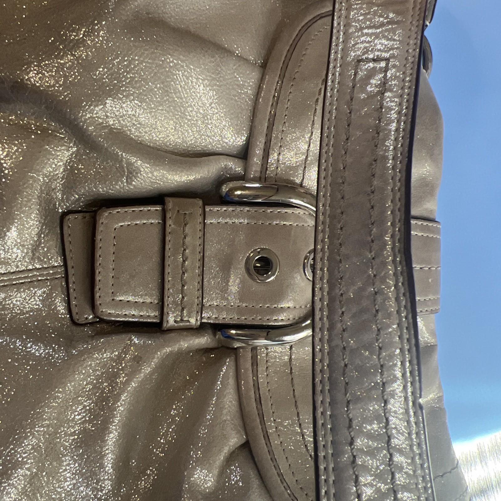 Coach Soho Metallic Gold Champagne Pleated Leather Buckle Flap Shoulder Bag Y2K