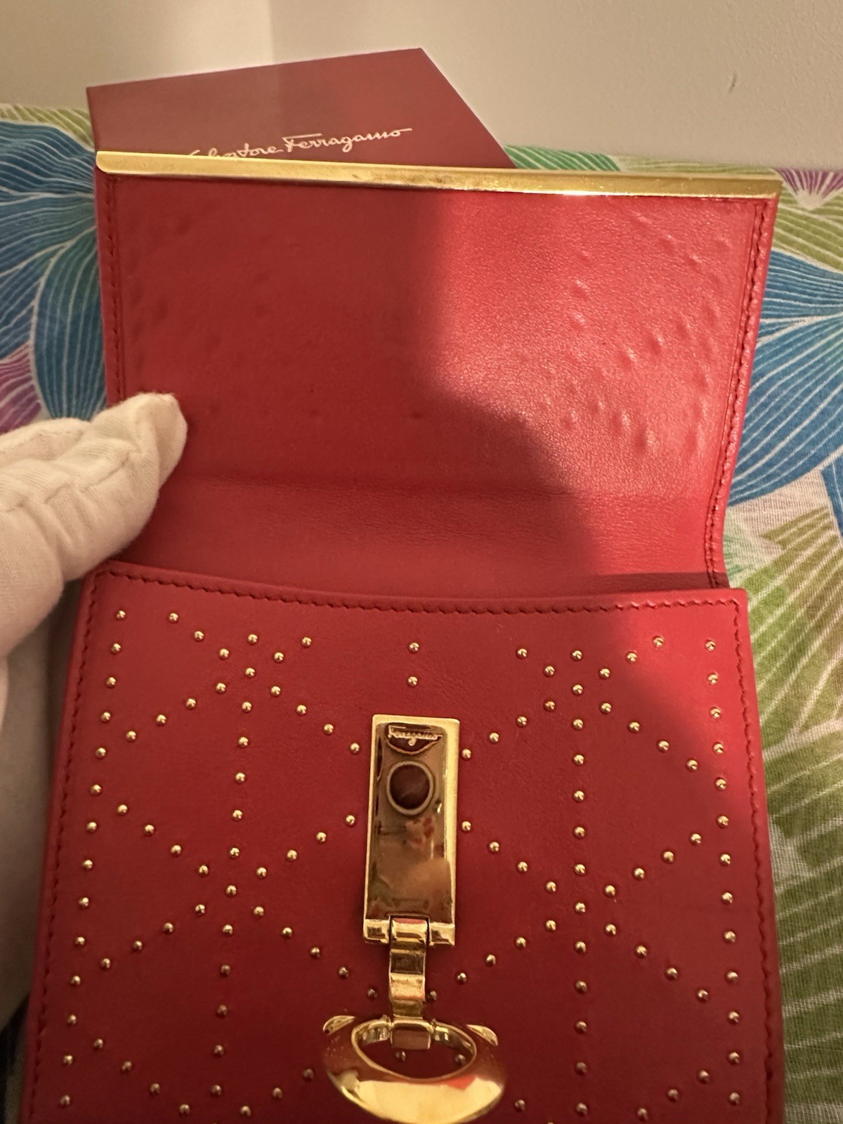 Salvatore Ferragamo Women’s Bifold Wallet, Red Solid, Studded Logo, Gold Tone