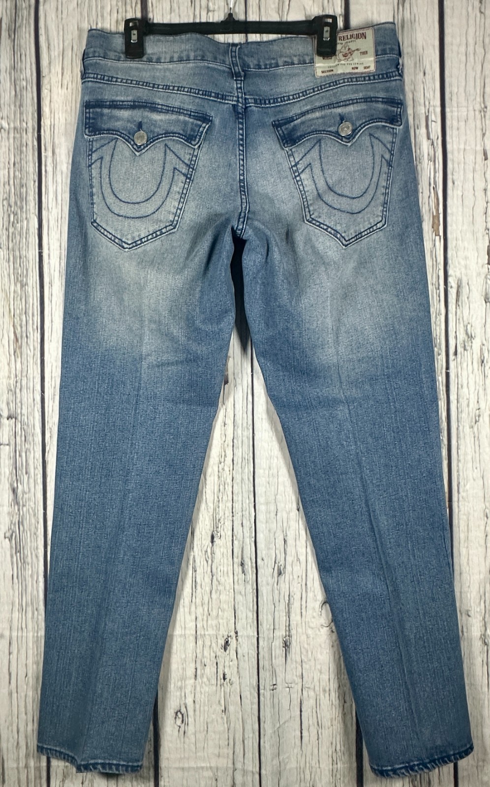 True Religion Ricky Relaxed Straight Jeans Mens 34 Stretch Flap Pockets Blue