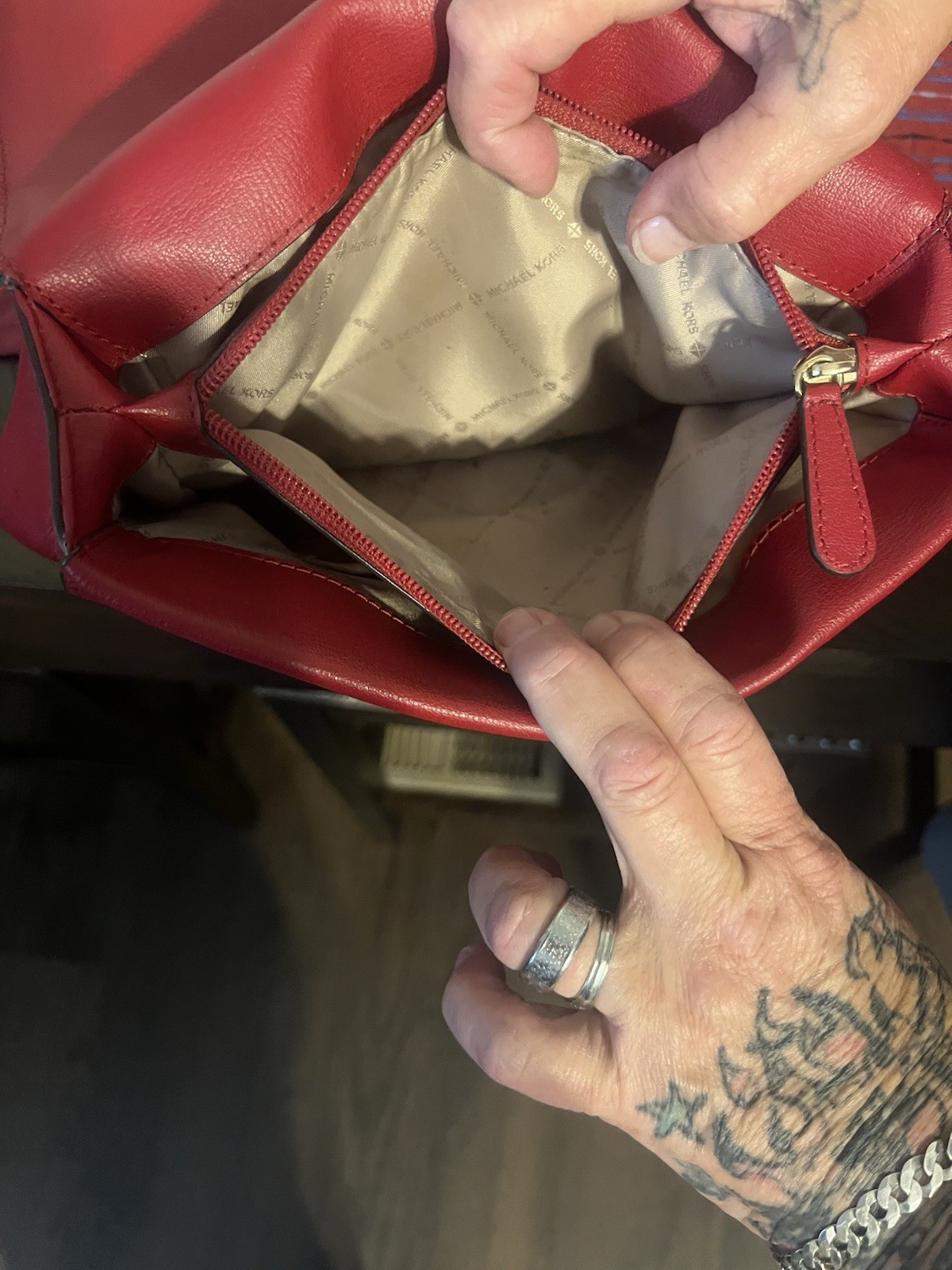 Michael Kors Red Graffiti Heart Small Satchel Top Handle Zip Push Lock Det Strap