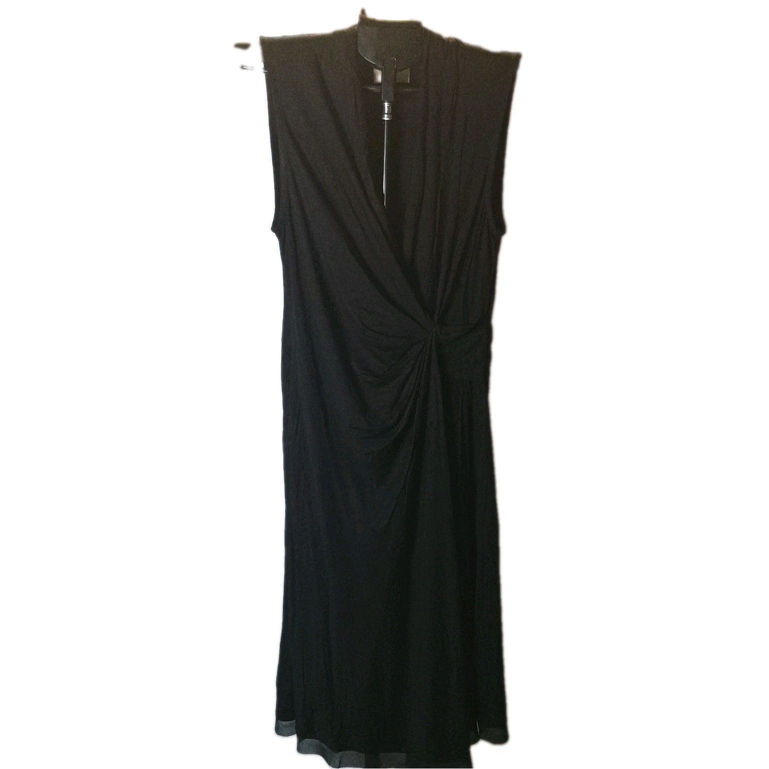 NWT Ellie Tahari Black Faux Wrap Knot Dress Sleeveless Midi Size L Cocktail LBD
