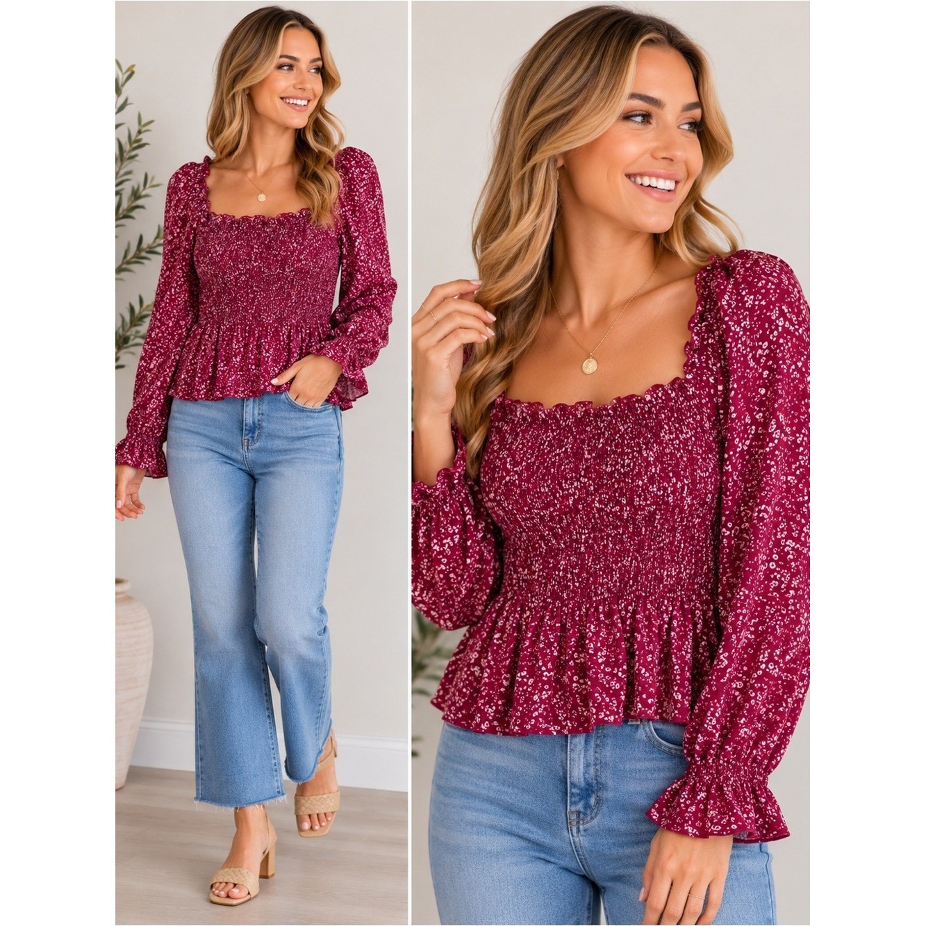 Urban Romantics Smocked Floral Peplum Top Small NWT