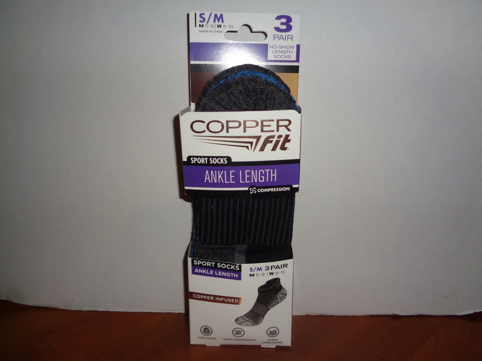 Copper Fit Infused Sport Ankle Socks 3 Pair Black S/M Size Men 5-9 Women 6-10