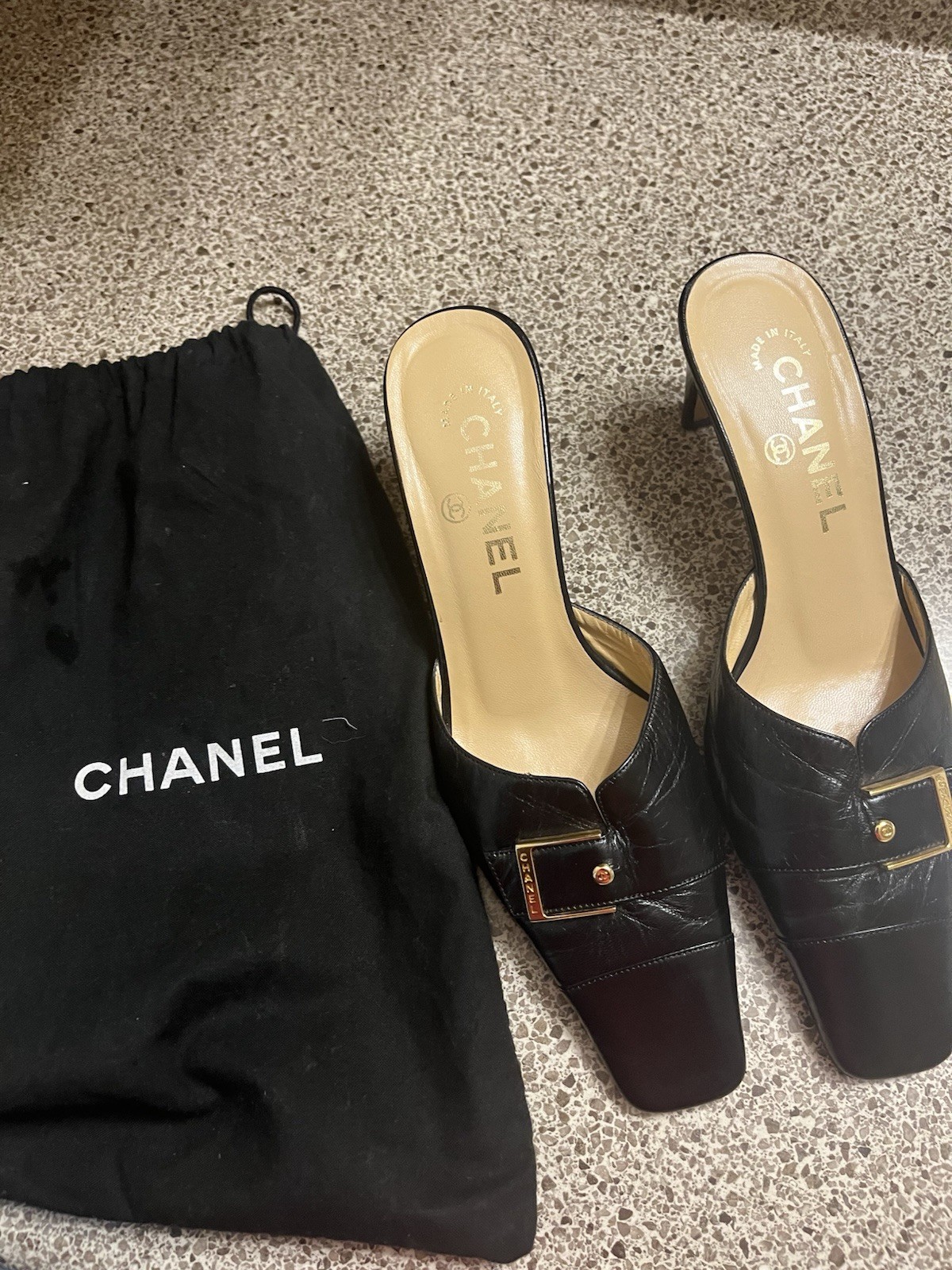 Vtg Chanel Black Leather Logo Buckle Mule Heels 35 1/2