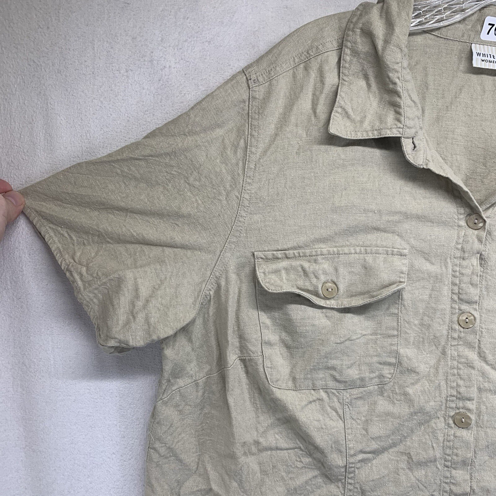 Women’s 16W Button Down Collar Top Linen Cotton Natural Neutral Earthy Pockets