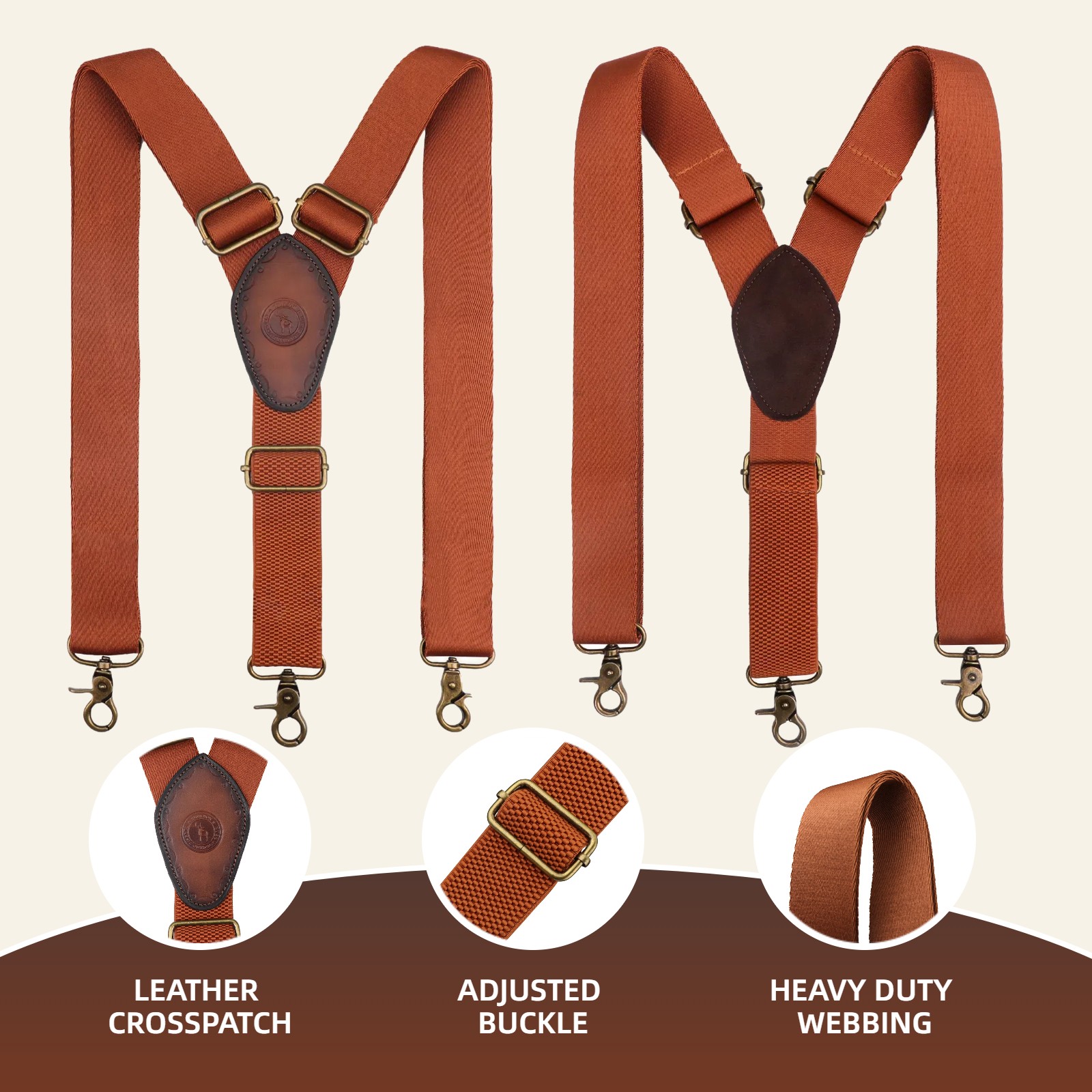 Tourbon Men Suspenders Y Back Button Clip/Hook Attach Pants Braces Adjust Strap