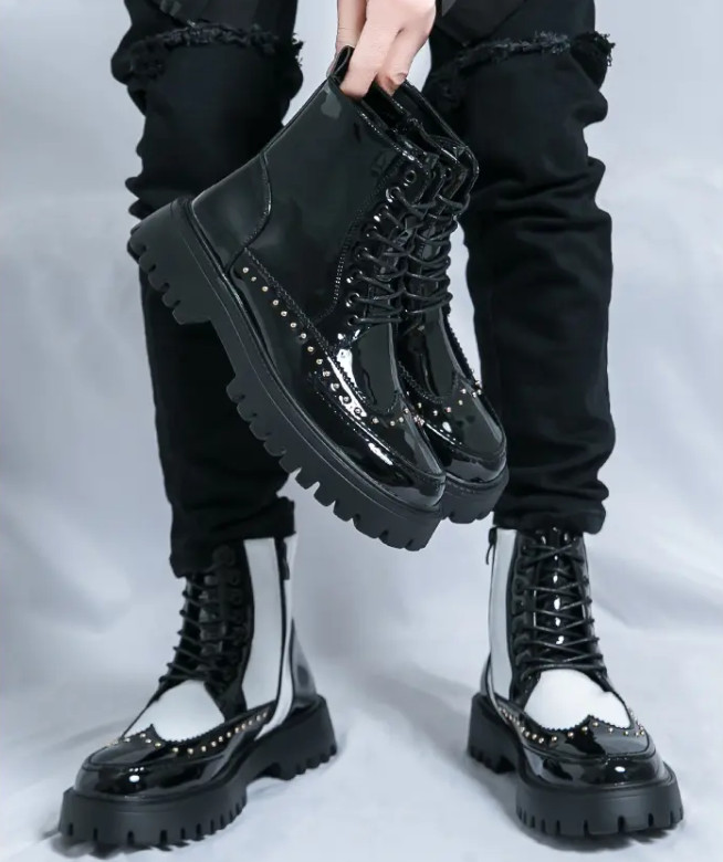 Men’s Carved Wing Tip High Top Platform Ankle Boots Studded Brogue Chukka Shoes