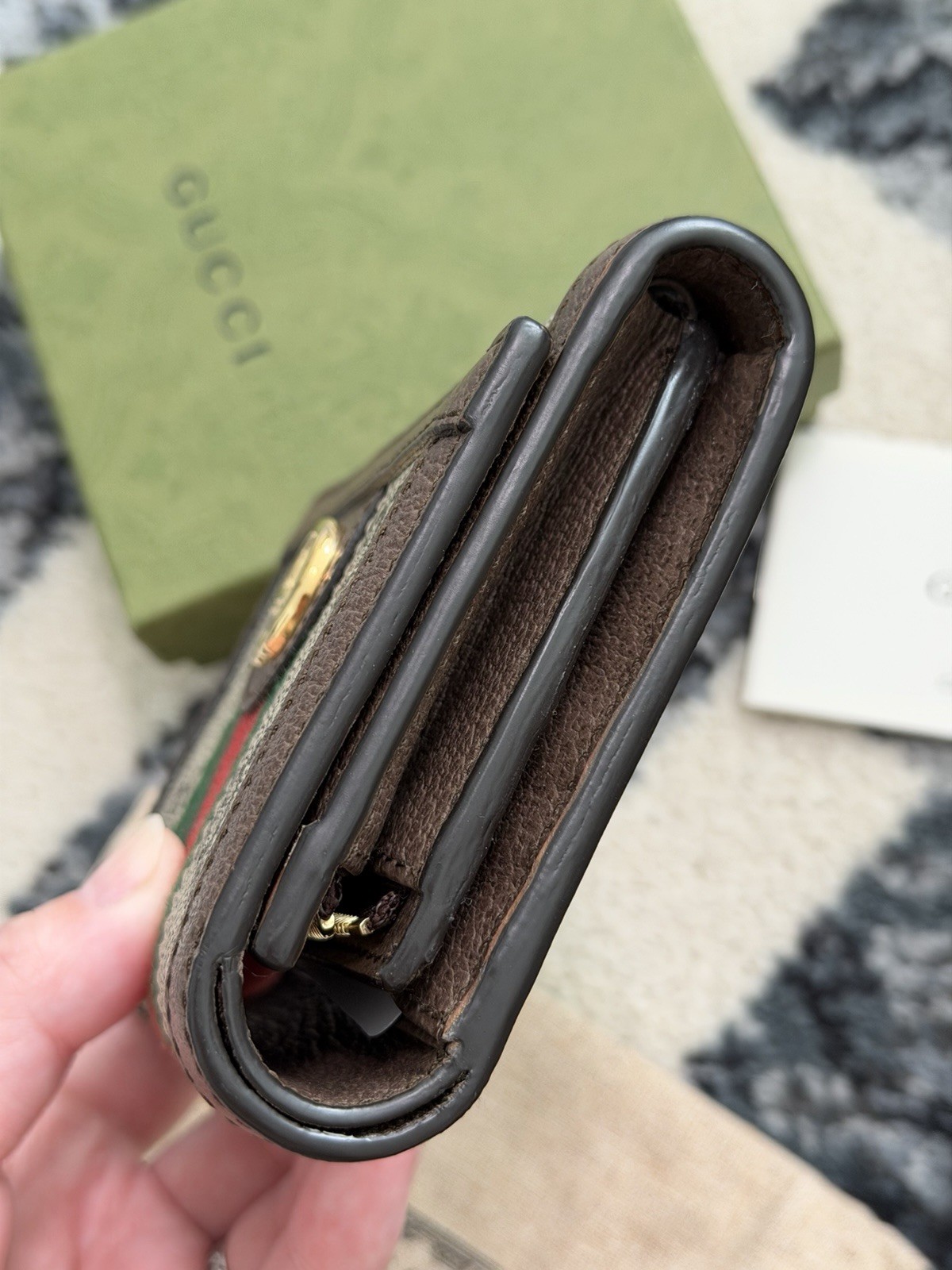 Auth Gucci GG Supreme Ophidia Web Trifold Card Case Wallet