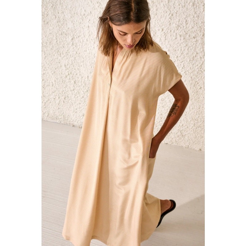 Bellerose Vasco Dress Oversized Gingham V-Neck Short Sleeve Maxi Plaid, Size 2-4