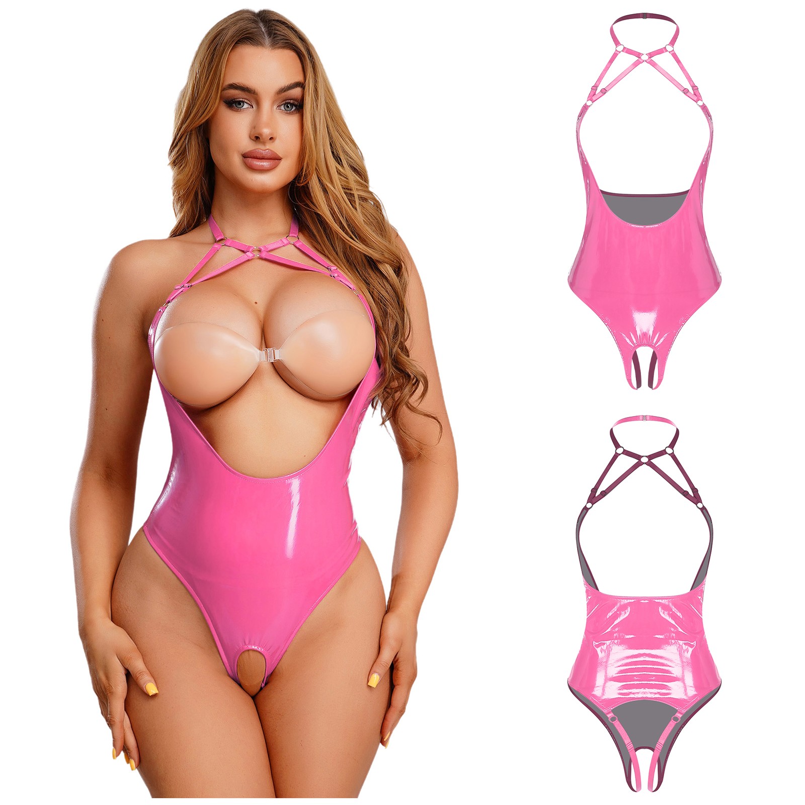 US Womens Wet Look Shiny Leather Bodysuit Sleeveless Cutout Catsuit Nightwear