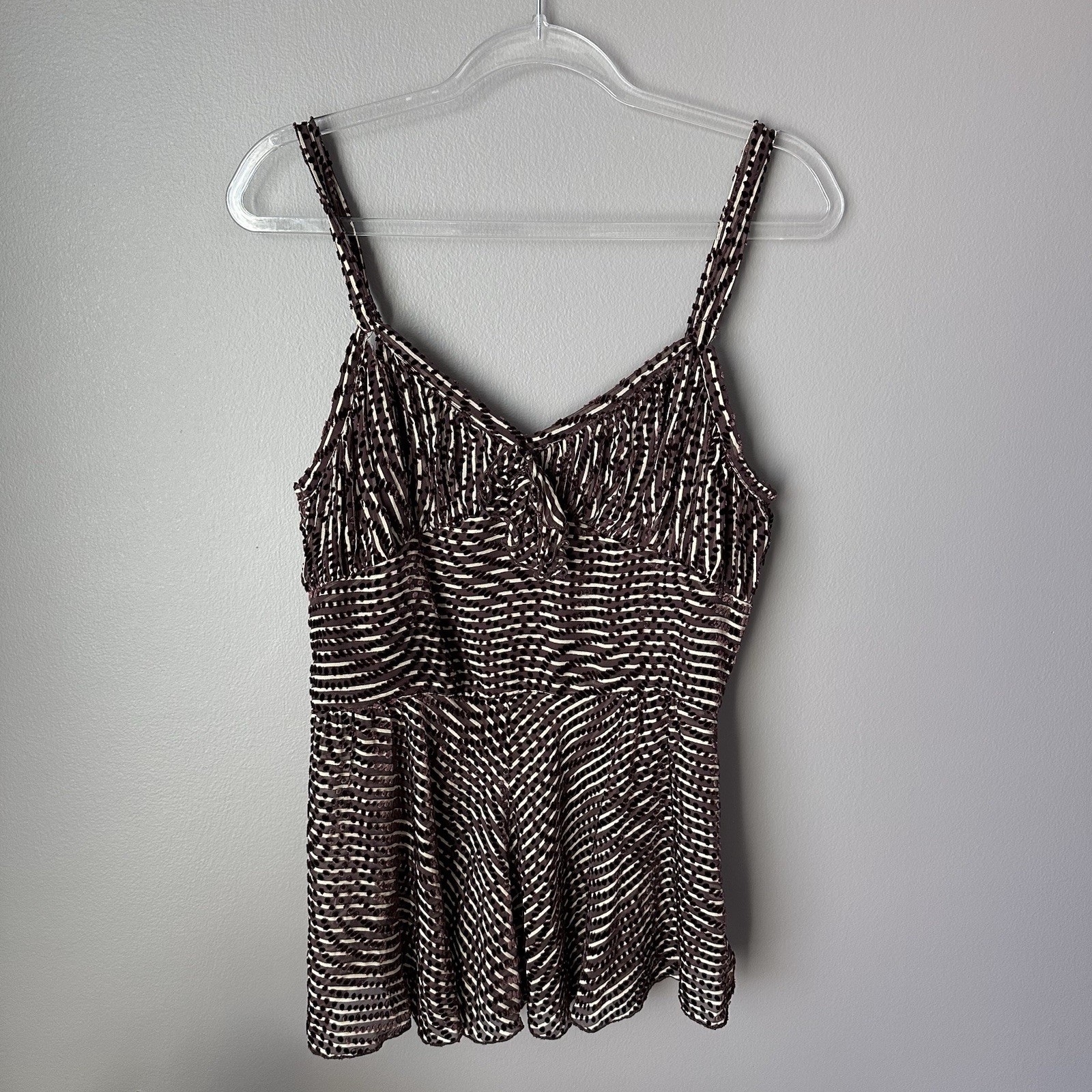 Anna Sui Spaghetti Strap Top Women’s 10 Brown Stripes Polka Dots Silk Blend