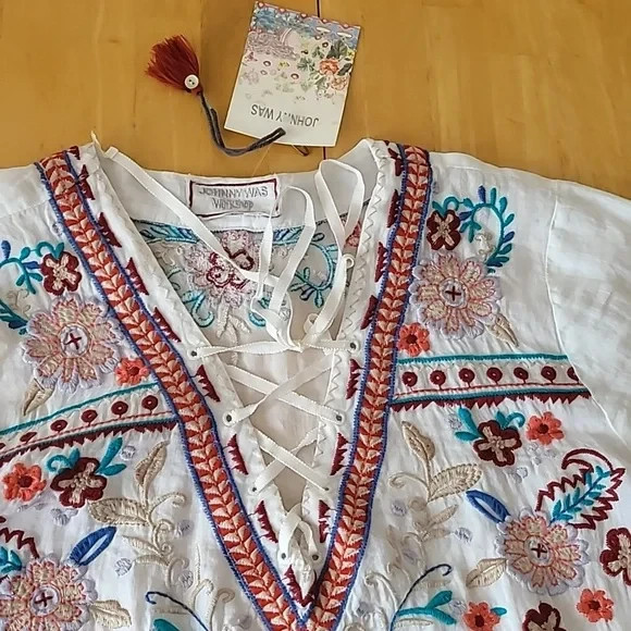 Johnny Was Oman Laceup Swing Embroidered Blouse Size L