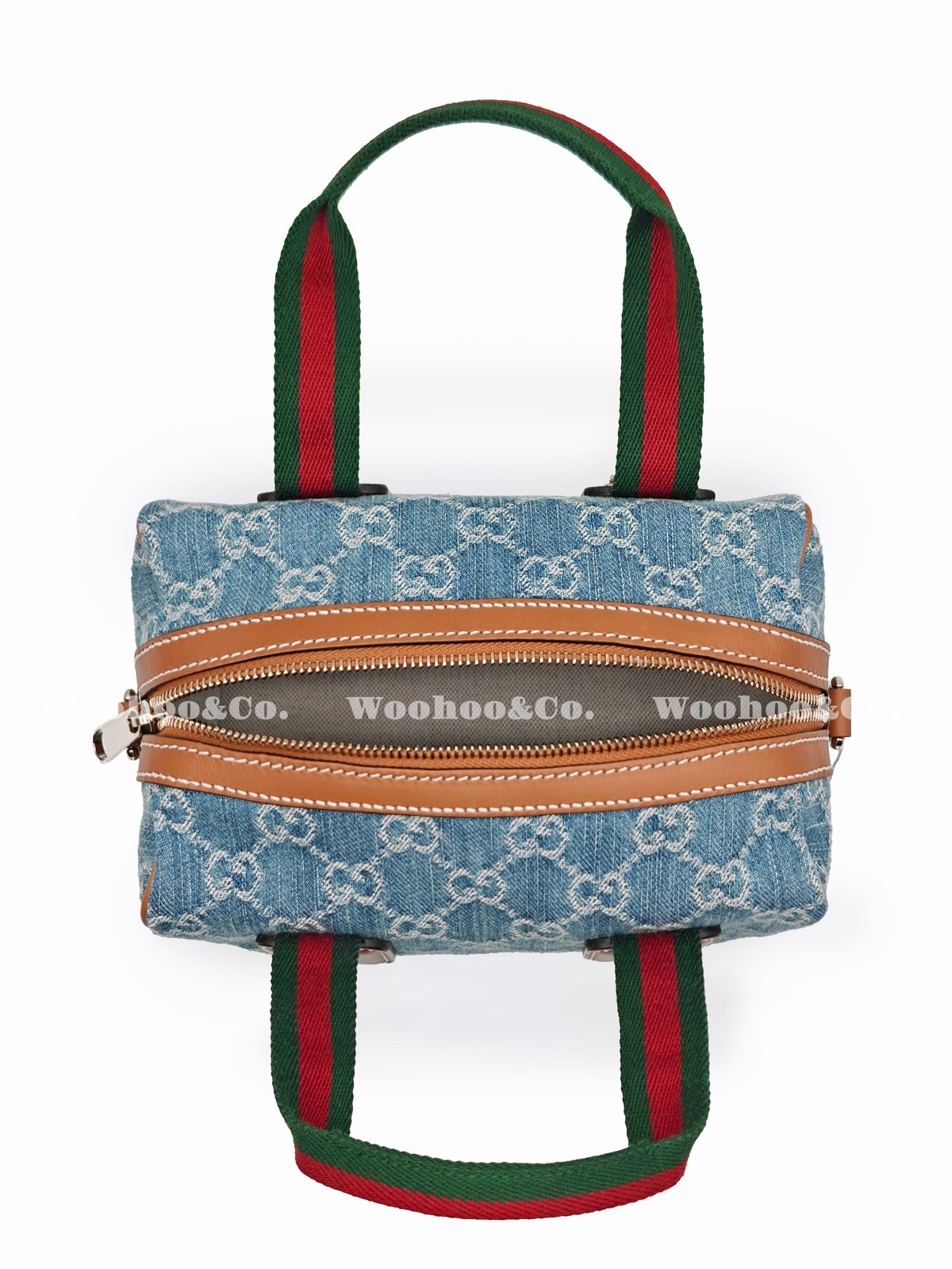GUCCI Denim Boston Bag Handbag Mini Unisex Blue White 7.9 x 5.1 x 5.1 in