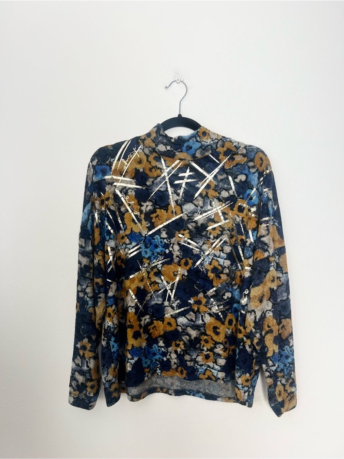 Metallic Foil Floral Mock Neck Top M Artsy Abstract Stretch Knit long sleeve