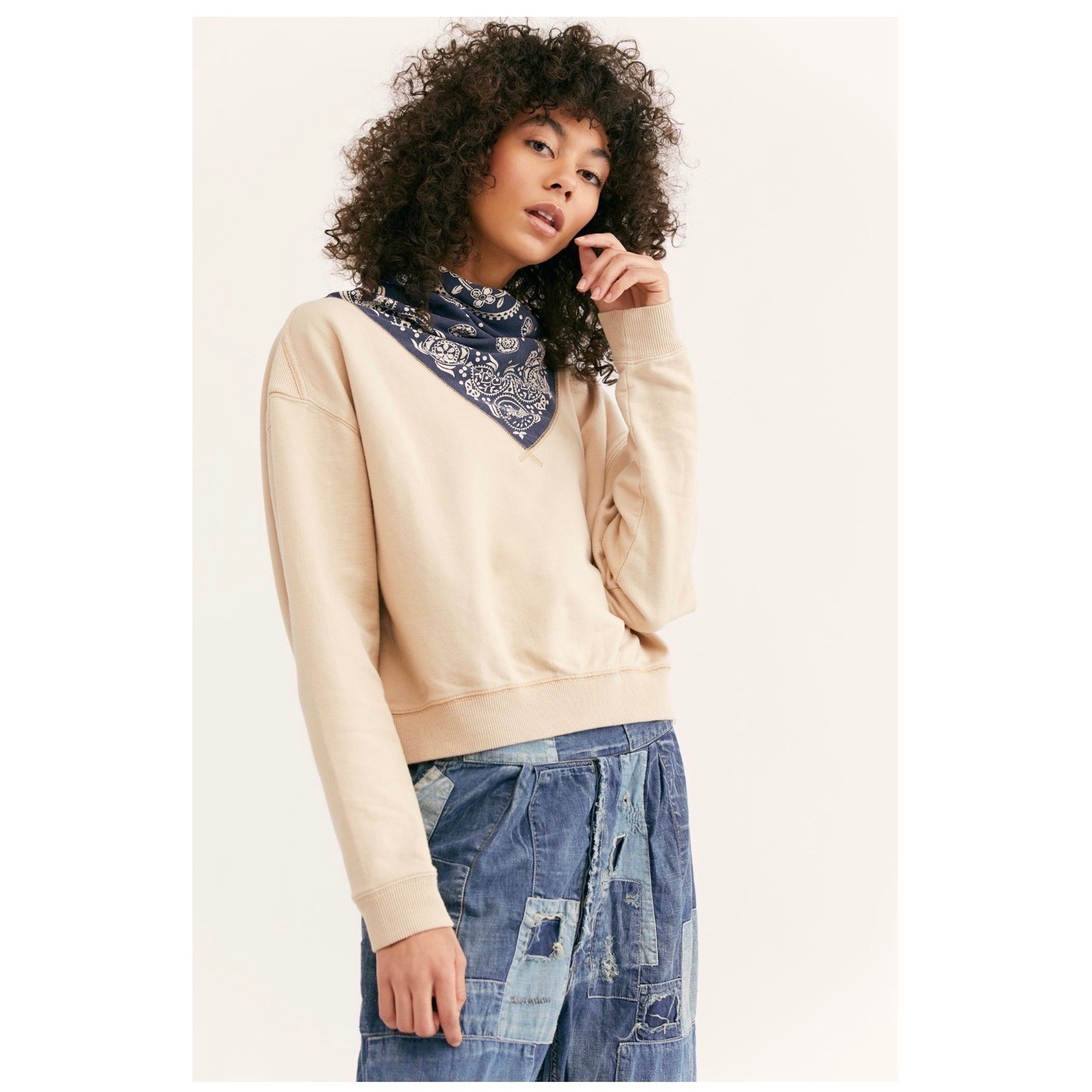 Free People James Pullover Bandana Scarf Sweatshirt Beige Navy OB1087208 Medium