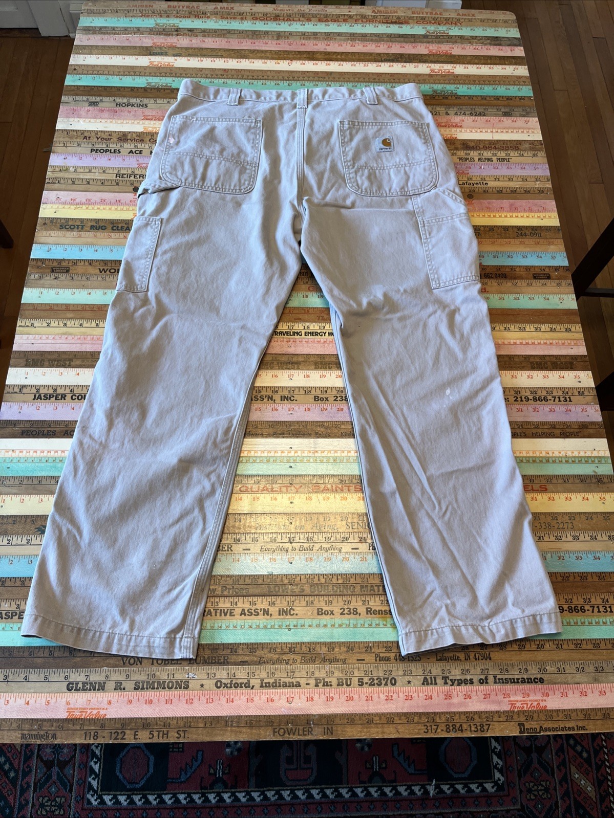 Carhartt Canvas Work Pants Mens 38×30 Khaki Utility Carpenter Cotton Paint Splat