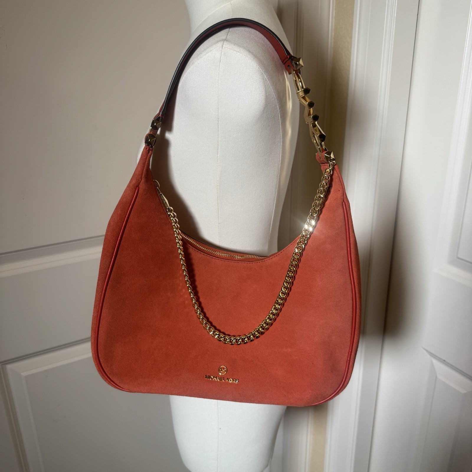 Michael Kors Nolita Suede Hobo Shoulder Bag Orange Gold Chain Large