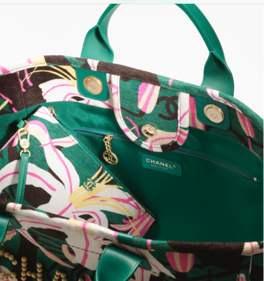New 23A CHANEL LARGE Shopping Deauville Tote Pink Lilly Green Black + Pouch Bag