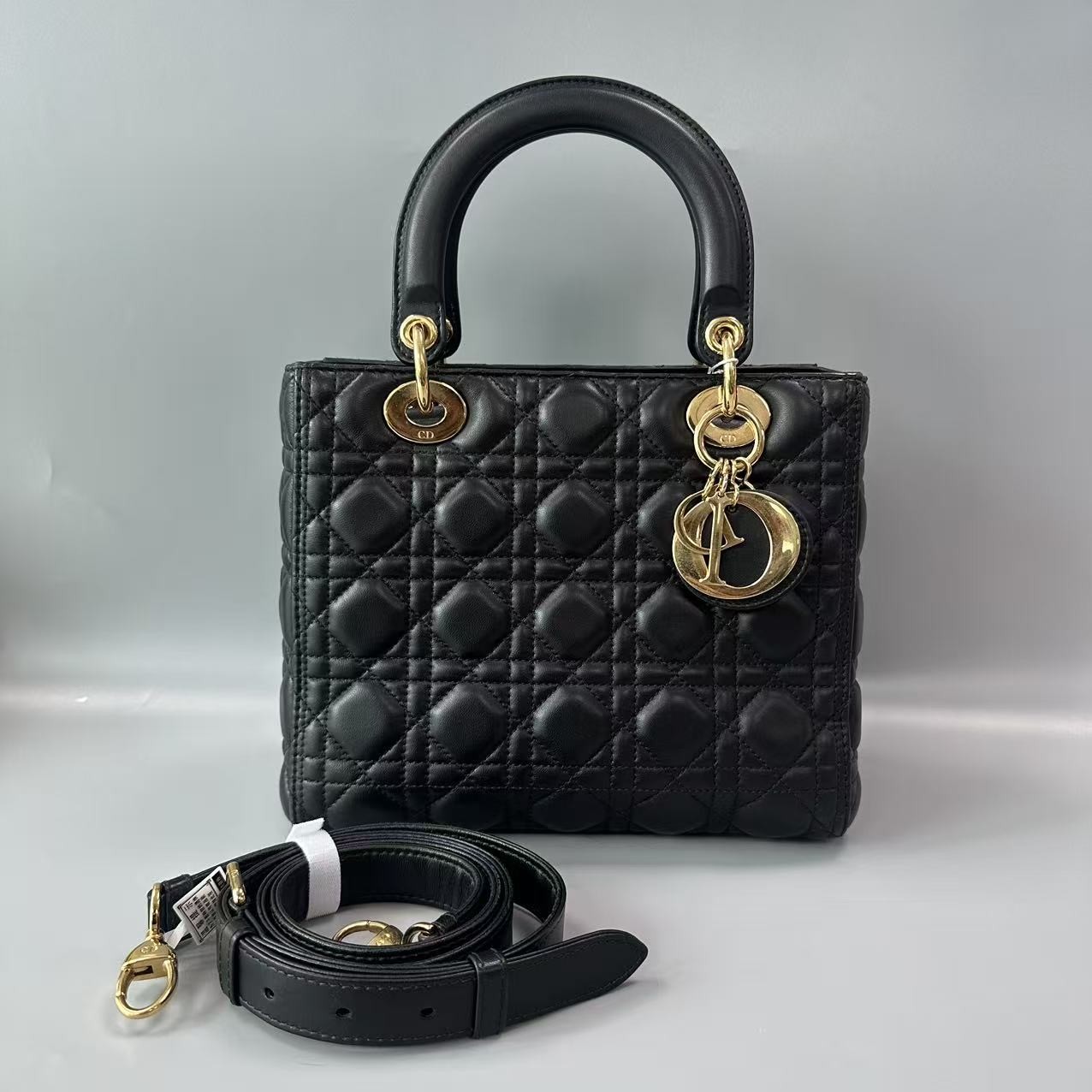 Auth Christian Dior Lady Dior Medium Black Lambskin Gold Hardware Handbag