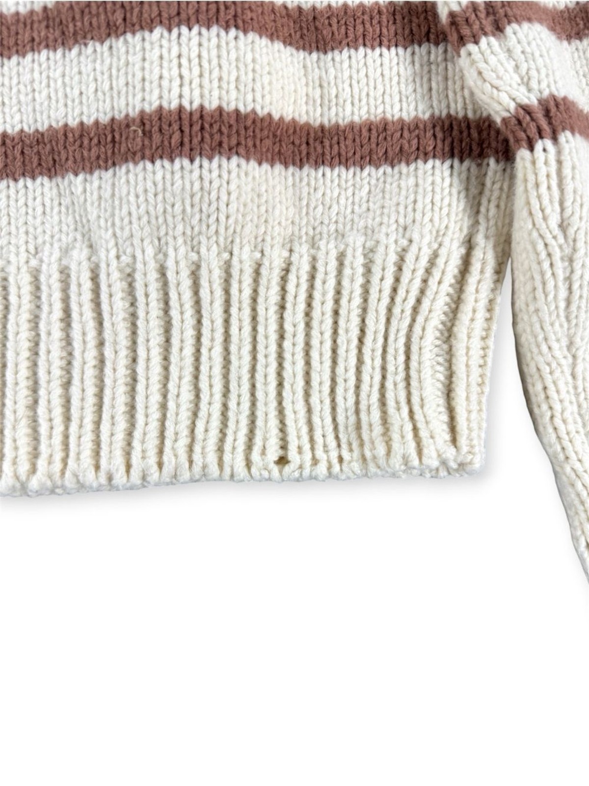 Faherty Cream and Brown Cuddle Striped Crew Neck Cozy Knit Sweater – Size Small
