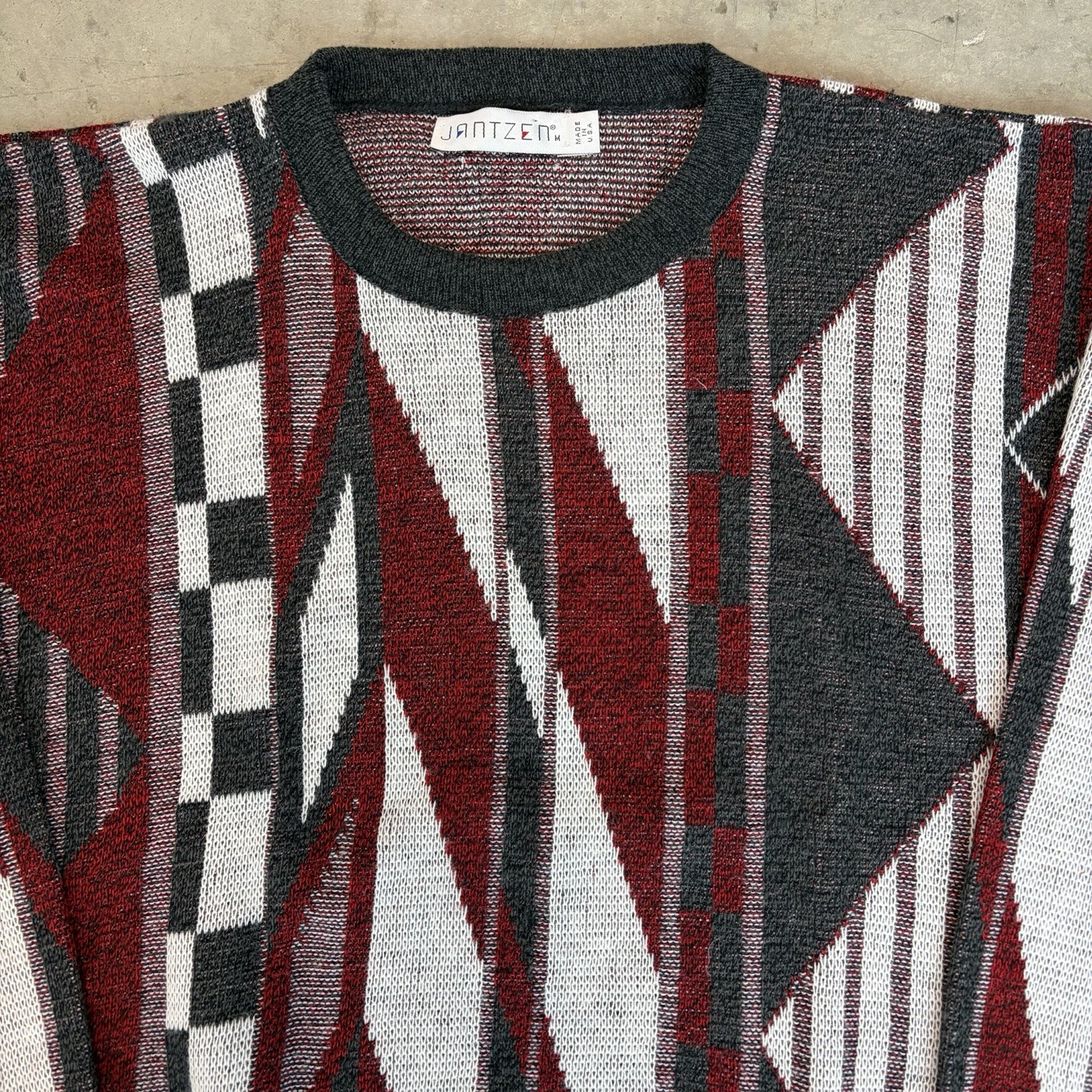 Vintage 90s Jantzen Geometric Sweater USA Made Multicolor Red White Gray Medium