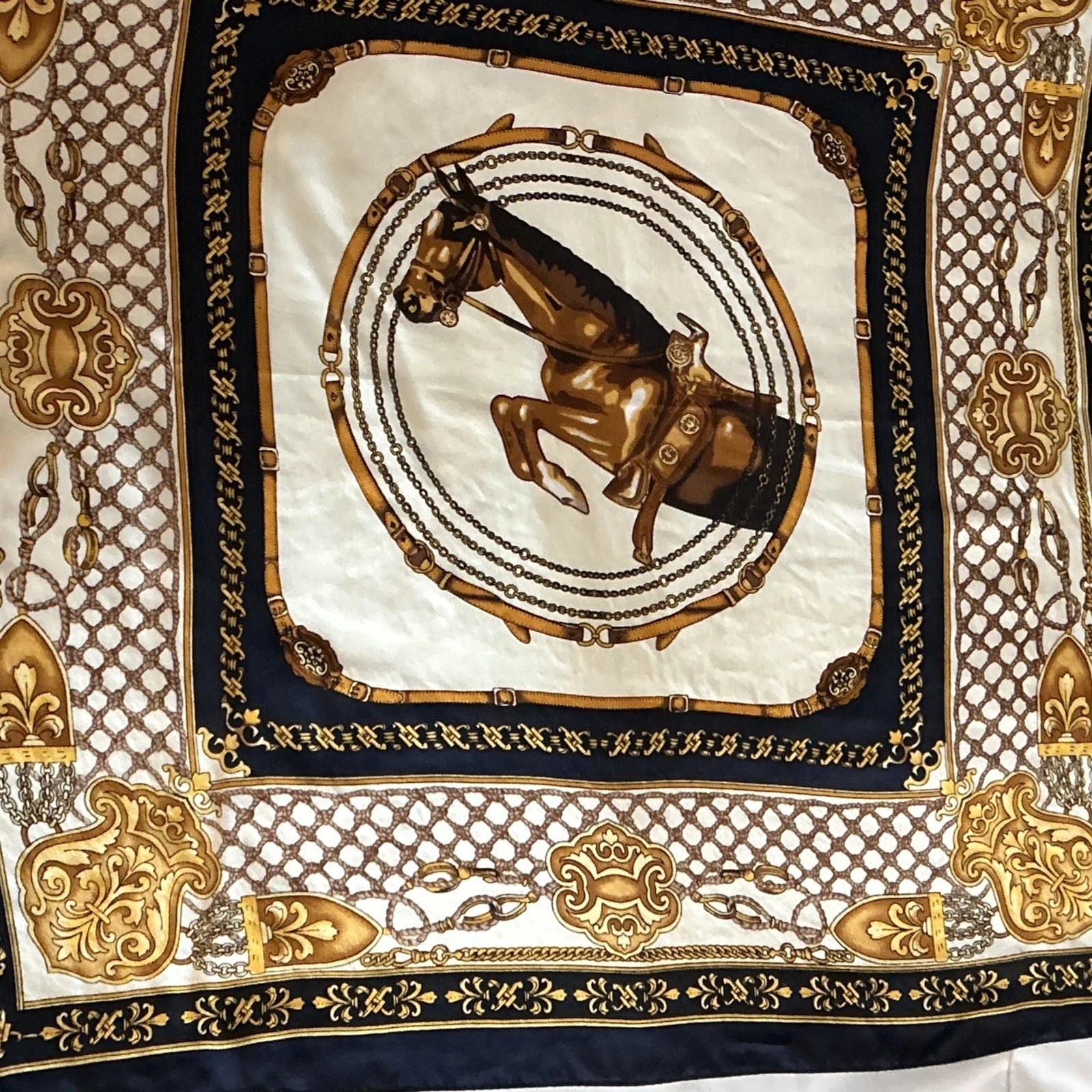 Scarf 100% Silk Gold Navy Blue And Beige Equestrian Scarf 20 Inches By 20 Inches
