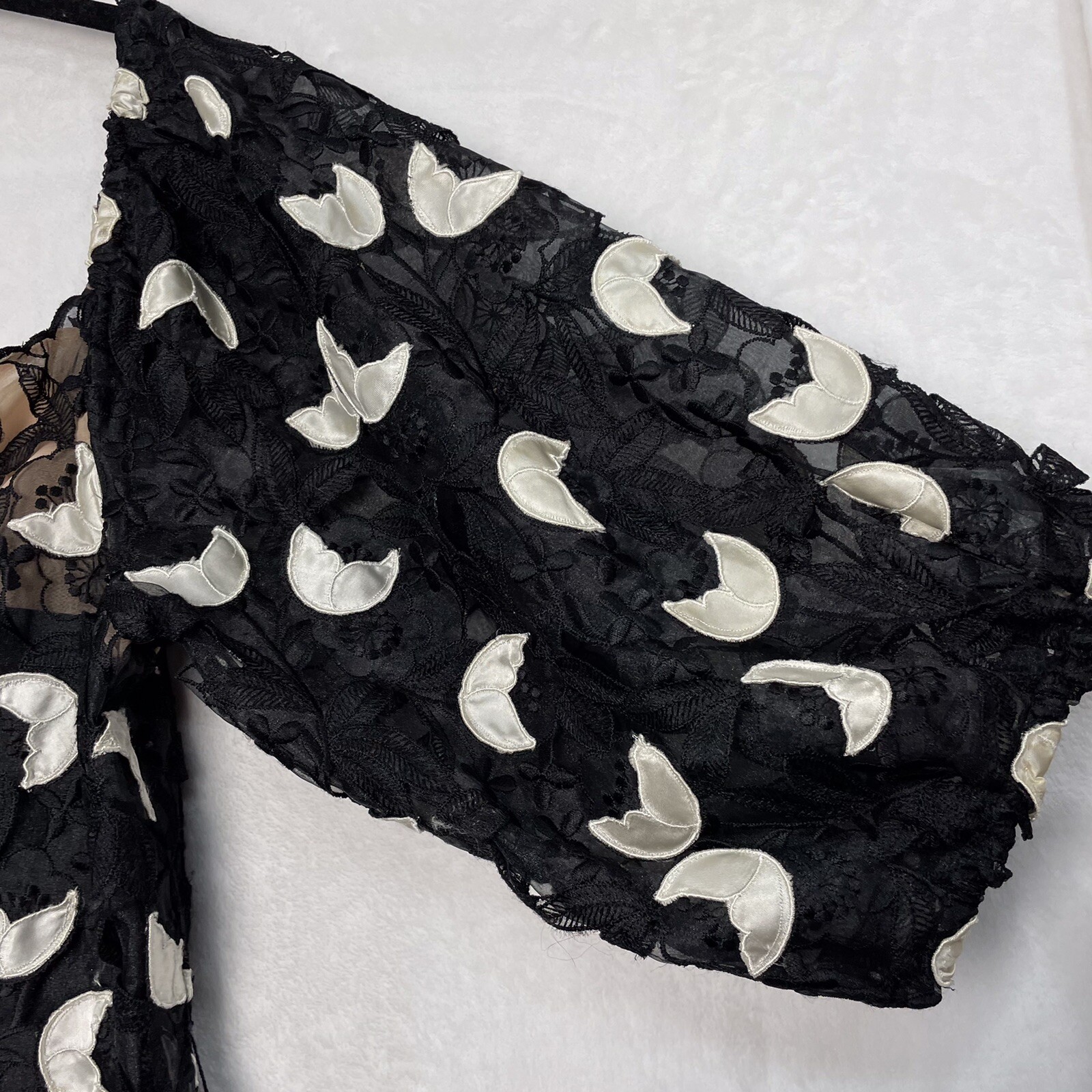 VTG Richilene New York Appliqué Dress Black White Floral Lace 14 L Union 80s USA