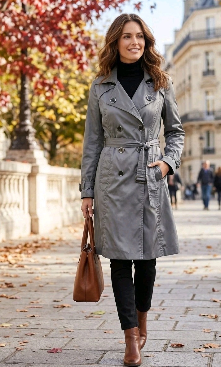 Elegant East 5th Grey Double Breasted Trench Coat Womens SZ M Classic Fall Sty