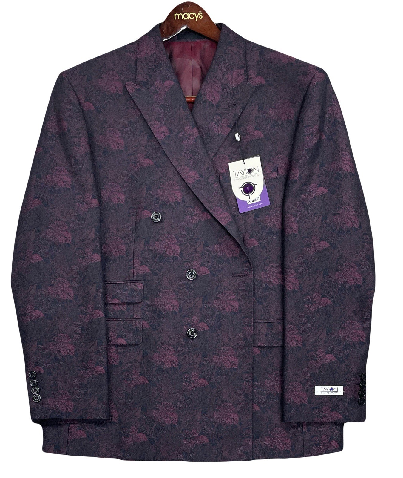 Tayion Double Breasted Wine Black Classic Fit Jacquard Dinner Jacket 46R New NWT