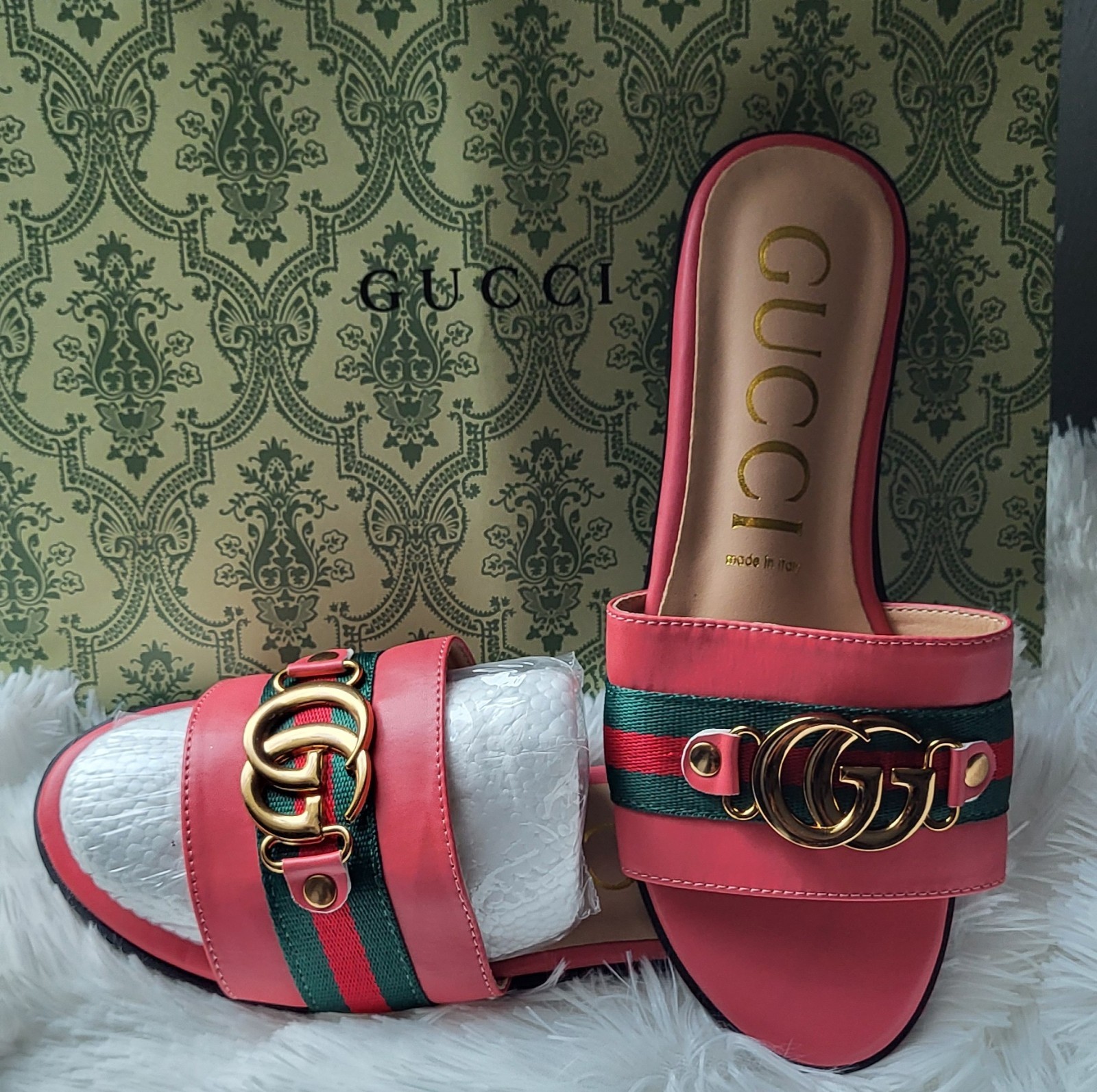 Gucci Women’s Pink Web Stripe GG Logo Slide Sandals Slip On Red/Green/Gold